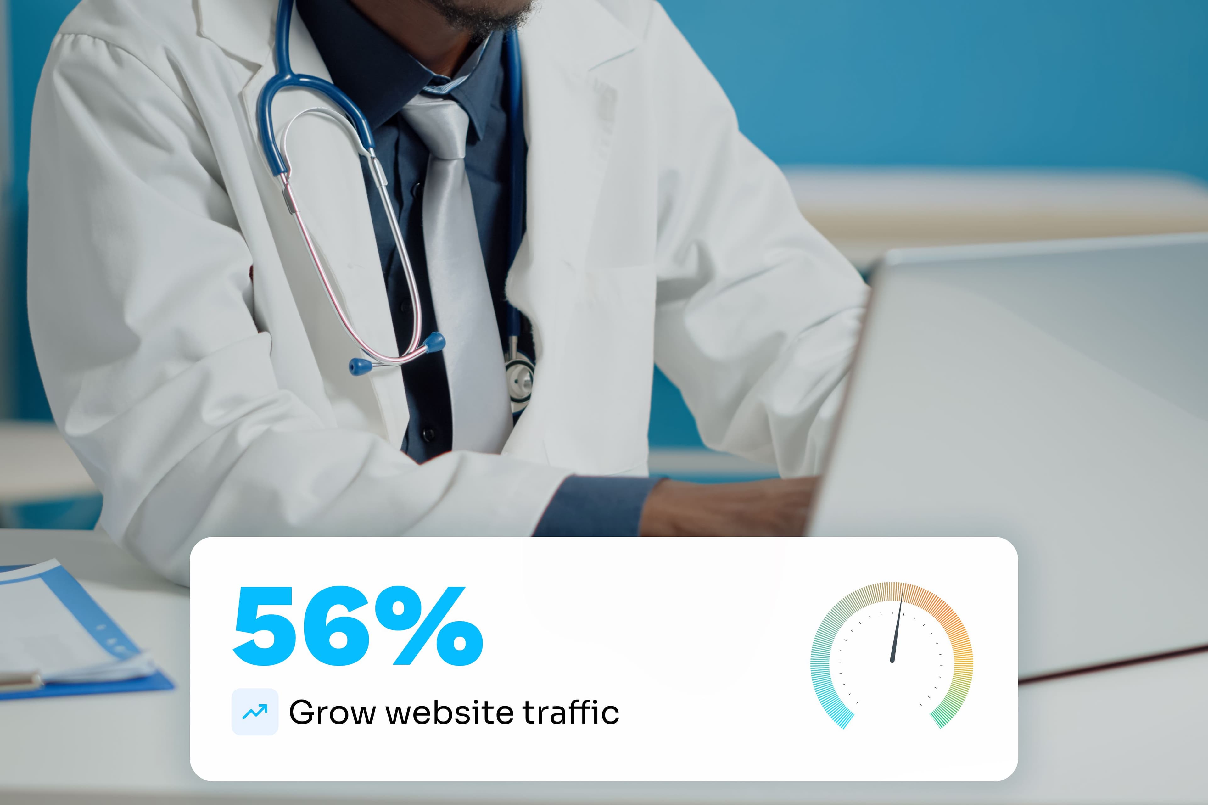 Infographic showing 56% website traffic growth for a doctor who is sitting behind the infographic in front of his laptop